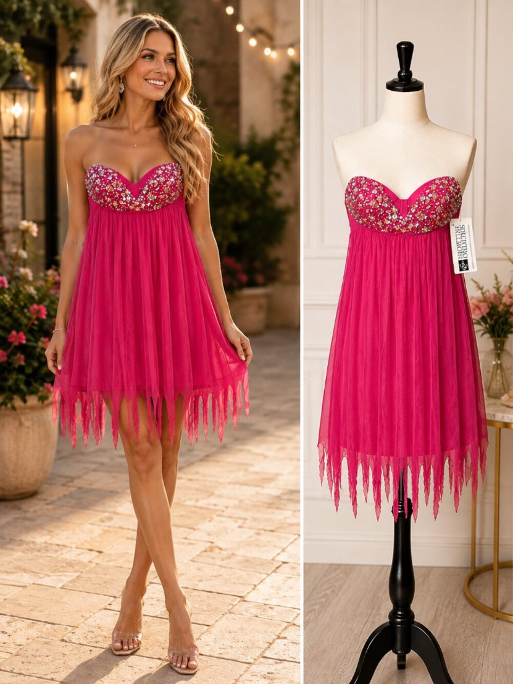 Showtime Collection Strapless Beaded Hot Pink Chiffon Fringe Cocktail Dress Wome